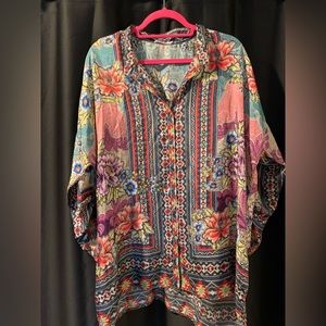 JOHNNY WAS Ledona Janelle Button-Up Silk Tunic Top Blouse